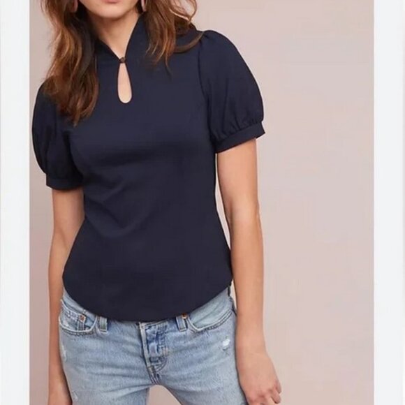 Ett Twa by Anthropologie Classic Navy Blue Keyhole Mock Neck Shortsleeve Size S - Picture 2 of 7
